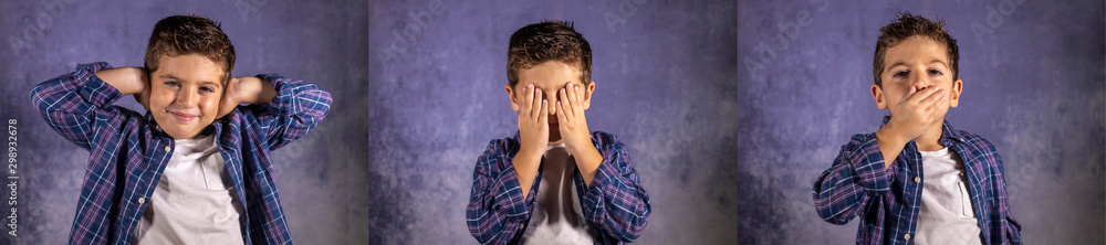 Little boy representing the three wise monkeys Little boy representing the three wise monkeys