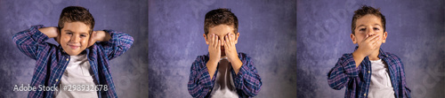 Canvas Print Little boy representing the three wise monkeys