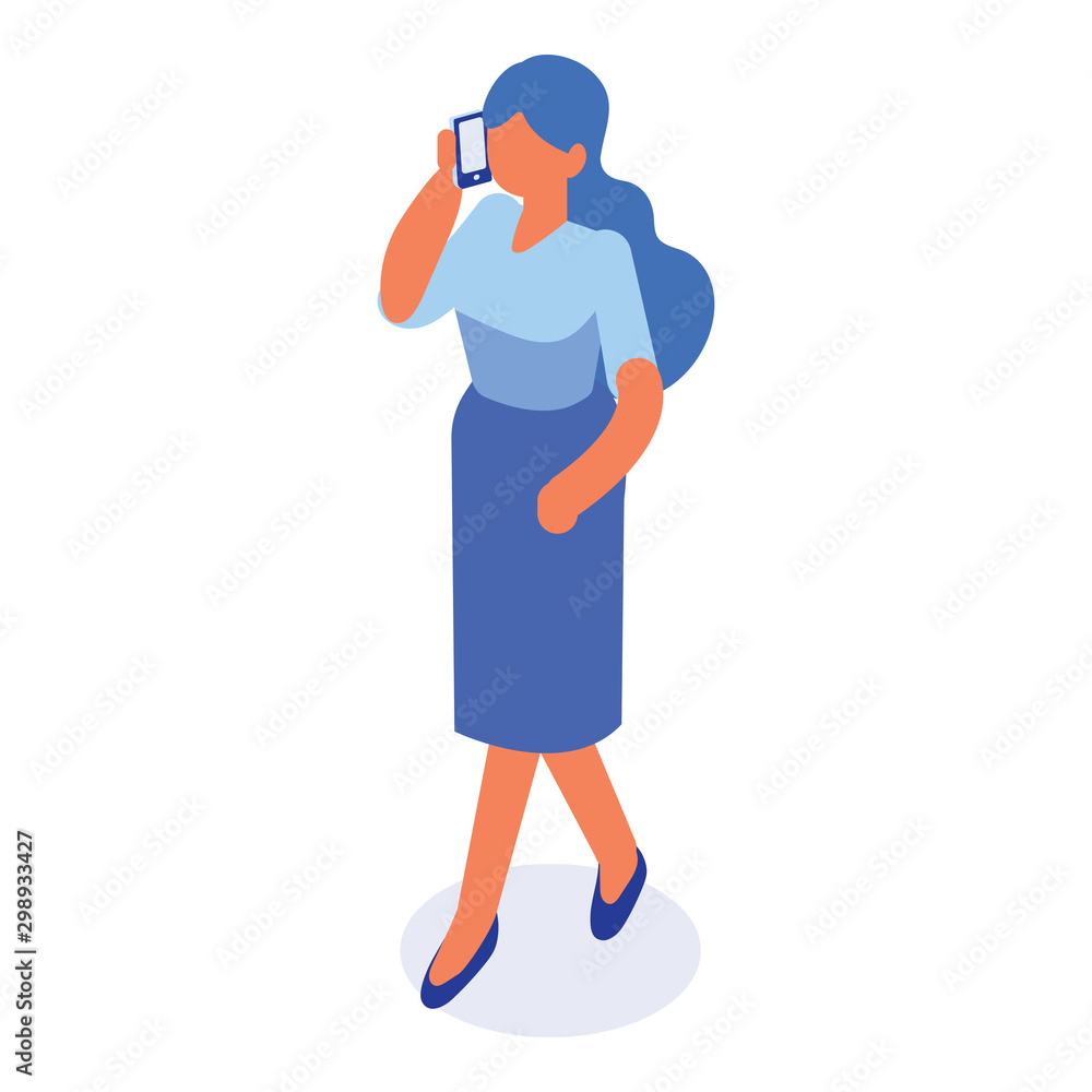 Isometric business woman walking with phone.Talking on phone. Vector isolated isometric character.