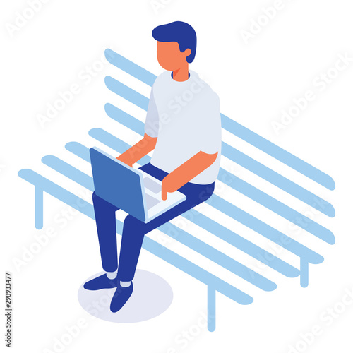 Isometric boy young man sitting on the bench with laptop. Outdoor, park. Freelancer.  Student. Programmer.Isometric vector isolated illustration.