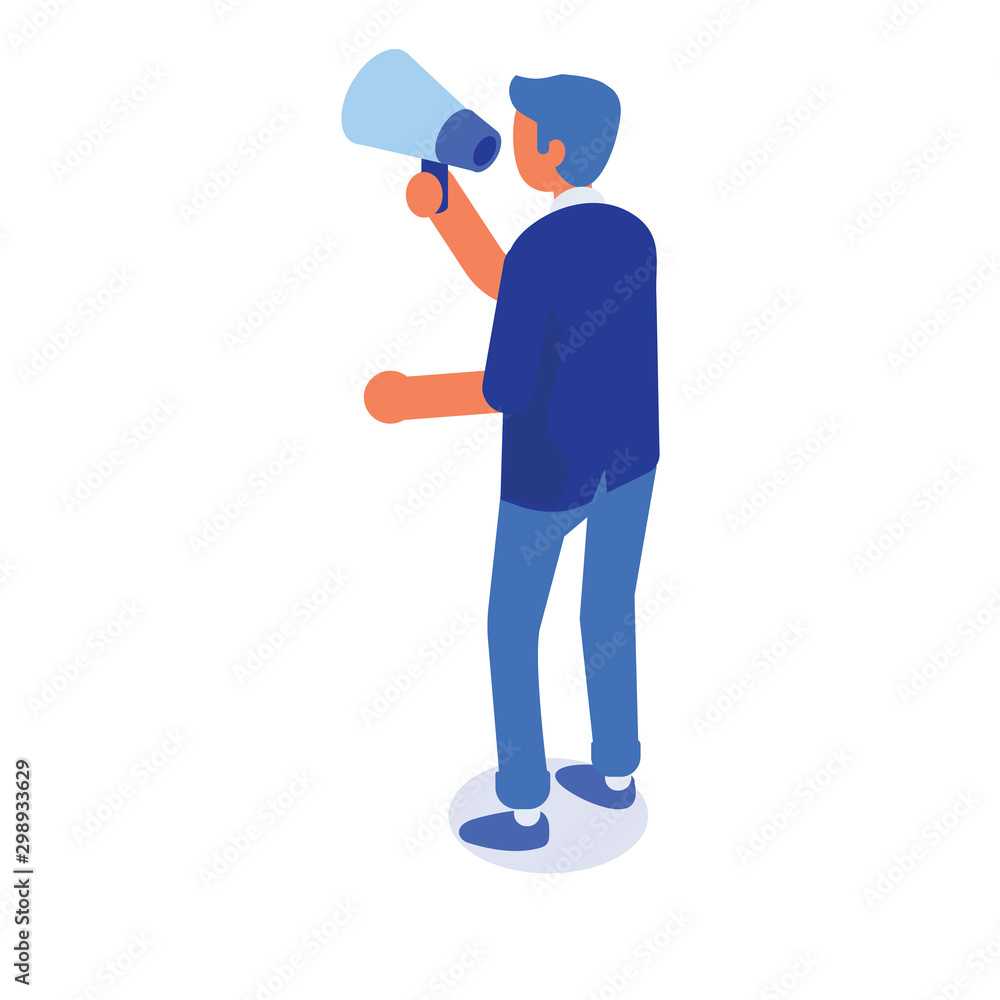 Isometric man in suit back view with loudspeaker. Business people, team. Vector characters isolated on white background. Isometric man in suit back view with loudspeaker. Business people, team. Vector characters isolated on white background.