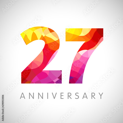 27 th anniversary numbers. 27 years old yellow coloured logotype. Age congrats, congratulation idea. Isolated abstract graphic web design template. Creative 2, 7 digits. Up to 27% percent off discount