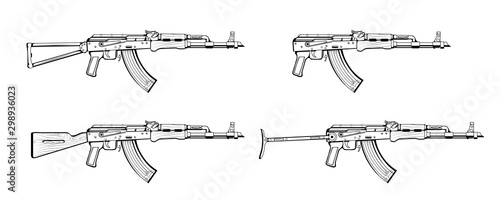 Kalashnikov rifle. Firearms. Sketch Set of Kalashnikov assault rifle AK-47, AKM, AKC, AKMC, AK-74. Firearms in combat. Assault Gun Wireframe. Machine guns. Assault rifles. Vector graphics to design
