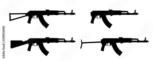 Kalashnikov rifle. Firearms. Silhouette Set of Kalashnikov assault rifle AK-47, AKM, AKC, AKMC, AK-74. Firearms in combat. Assault Gun Wireframe. Machine guns. Assault rifles. Vector graphics