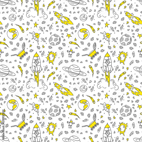 Seamless pattern with hand drawn cosmic elements. Black doodles with yellow details on white background. Vector illustration.