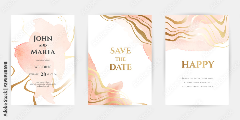 wedding invitation templates. Cover design with gold ornaments. set with hand drawn watercolor background. Trendy templates for banner, flyer, poster, greeting. eps10 wedding invitation templates. Cover design with gold ornaments. set with hand drawn watercolor background. Trendy templates for banner, flyer, poster, greeting. eps10