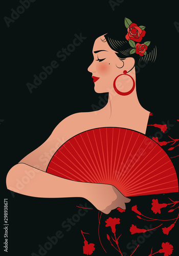 Beautiful Spanish woman with fan, wearing embroidered shawl of carnations and roses in her hair