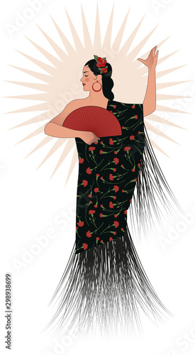 Beautiful Spanish woman with fan, wearing embroidered shawl of carnations and roses in her hair