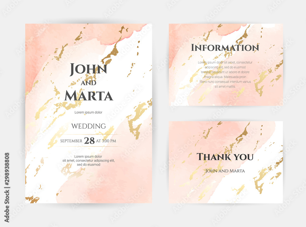 wedding invitation templates. Cover design with gold ornaments. set with hand drawn watercolor background. Trendy templates for banner, flyer, poster, greeting. eps10 - obrazy, fototapety, plakaty 