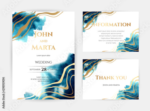 wedding invitation templates. Cover design with gold ornaments. set with hand drawn watercolor background. Trendy templates for banner, flyer, poster, greeting. eps10