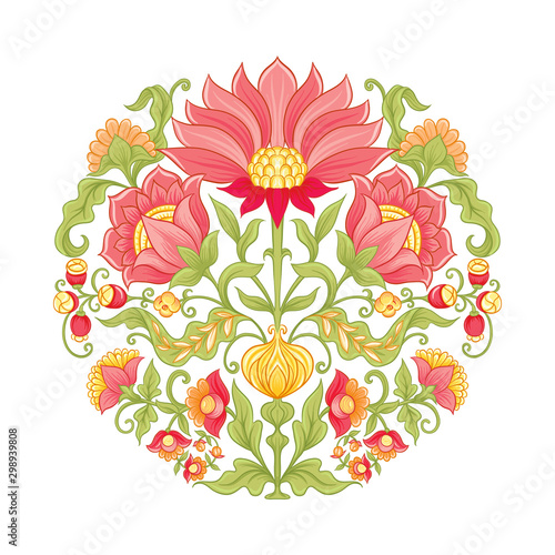 Tradition mughal motif, fantasy flowers in retro, vintage style. Element for design. Vector illustration. Isolated on white background..