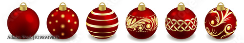 Set of Christmas balls isolated on white. Toys for New Year or Christmas tree design, red balls ornate with golden pattern