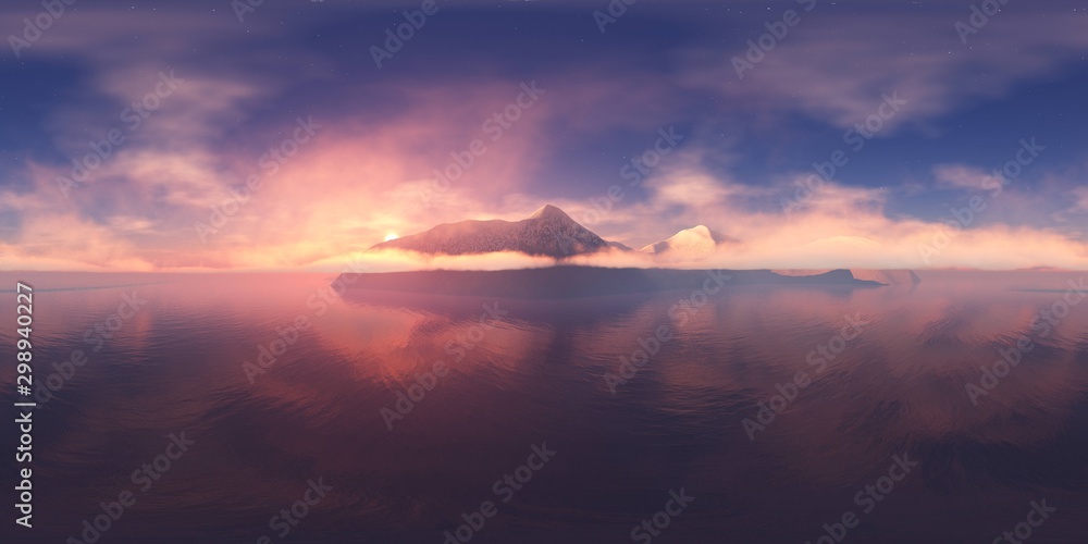 Panorama of the bay at sunset. Seascape in the morning in the fog, HDRI, environment map , Round panorama, spherical panorama, equidistant projection, 360 high resolution panorama 