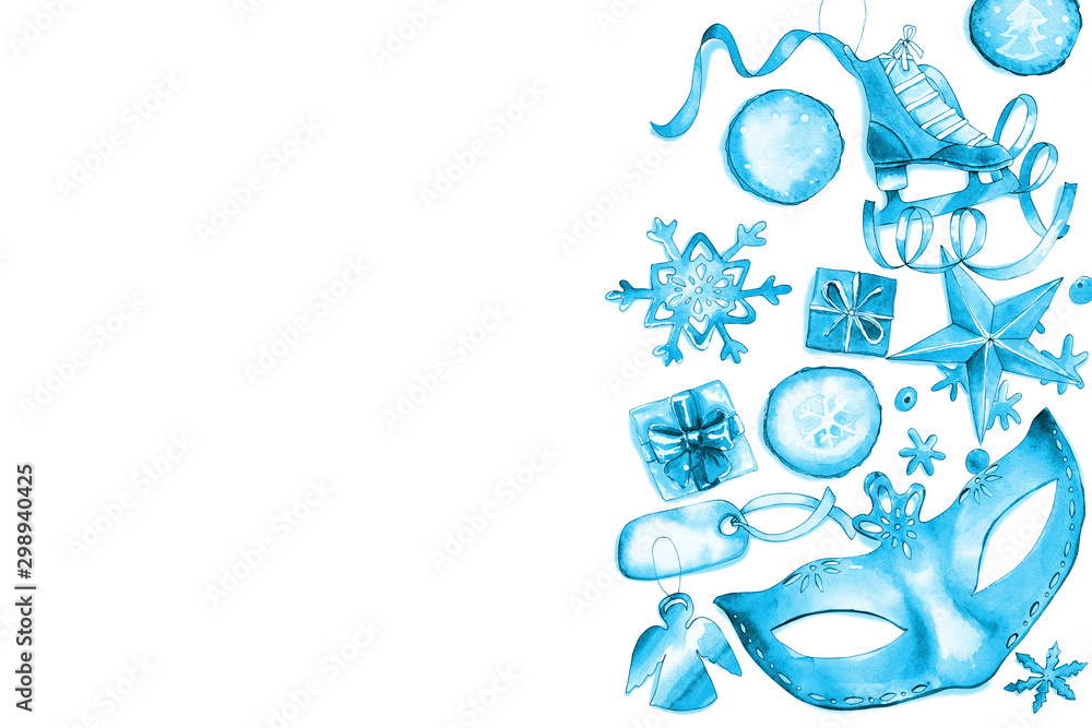 Naklejka premium Blue horizontal christmas flyer template with mask