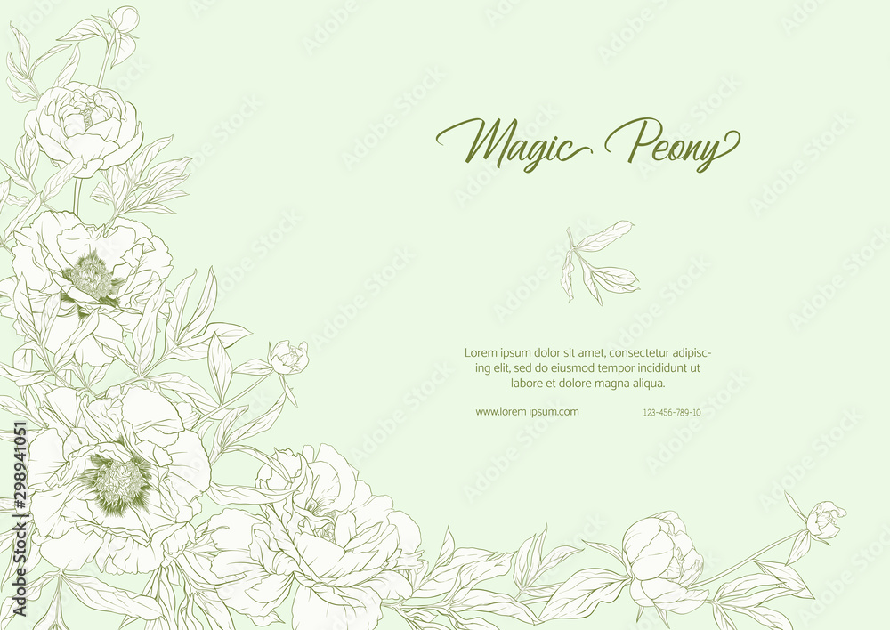 White Peony. Template for wedding invitation, greeting card, banner, gift voucher, label. Outline hand drawing vector illustration. On tea green background..