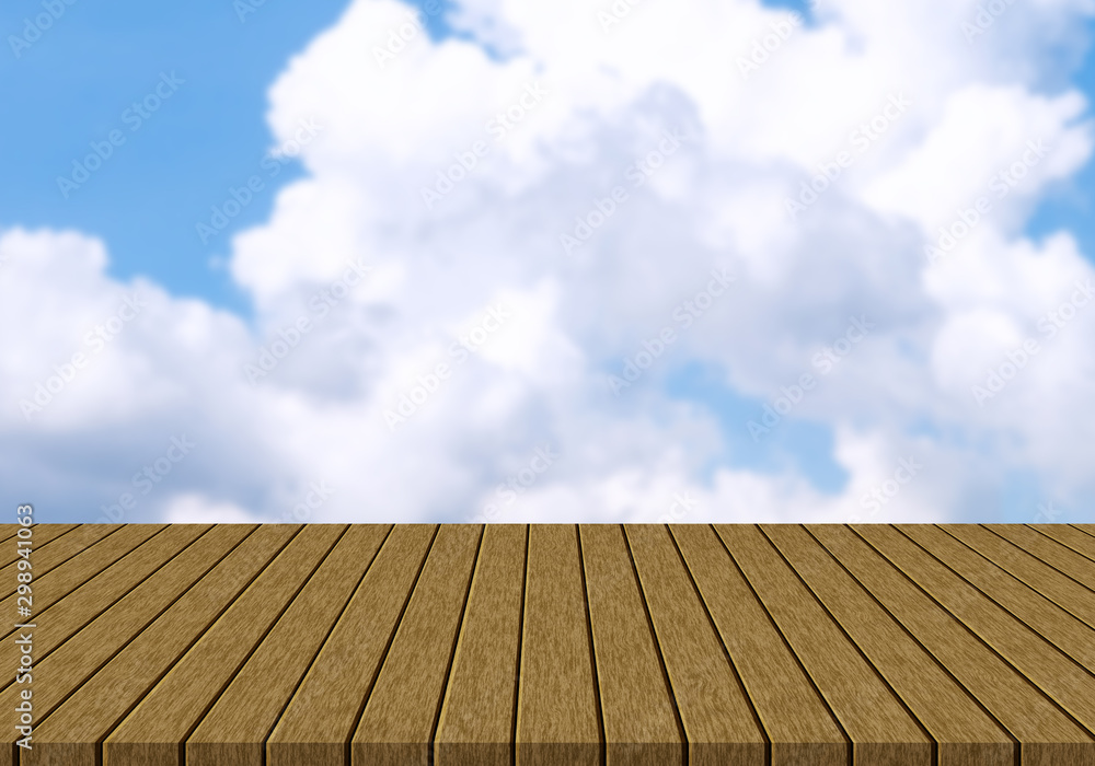 Empty wooden table  with blurred sky bokeh background