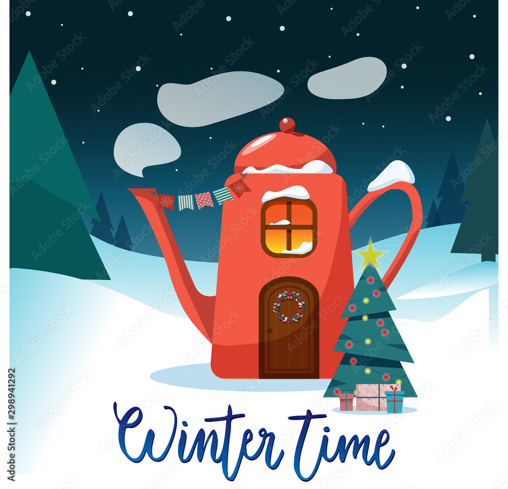 Winter time. Cute flat cartoon style illustration. Magic house , little christmas tree, snowy landscape. Stock Vector | Adobe Stock Winter time. Cute flat cartoon style illustration. Magic house , little christmas tree, snowy landscape. Stock Vector | Adobe Stock