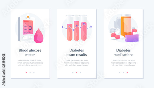 Sugar level monitoring. Medicine and healthcare. Diabetes treatment. Blood glucose meter, diabetes exam results, diabetes medications metaphors. Website web page template - concept metaphors..