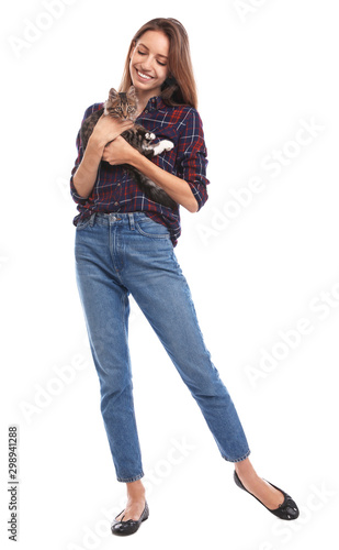 Young woman with cat on white background. Owner and pet