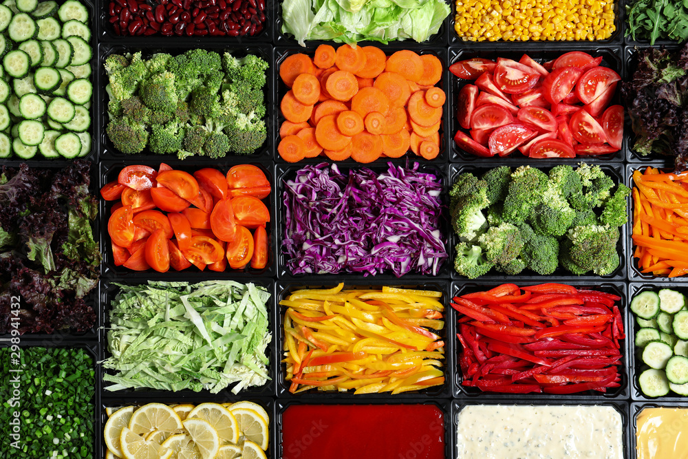 Salad bar with different fresh ingredients as background, top view - obrazy, fototapety, plakaty 