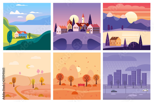 Calendar set landscape summer, autumn in flat minimal simple style
