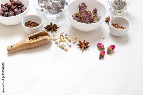 assorted herbal chamai for the treatment of colds, healthcare, medicine, home treatment, aromatherapy on a white background