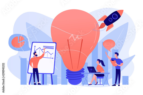 Business team brainstorm, lightbulb and rocket. Vision statement, business and company mission, business planning concept on white background. Pink coral blue vector isolated illustration