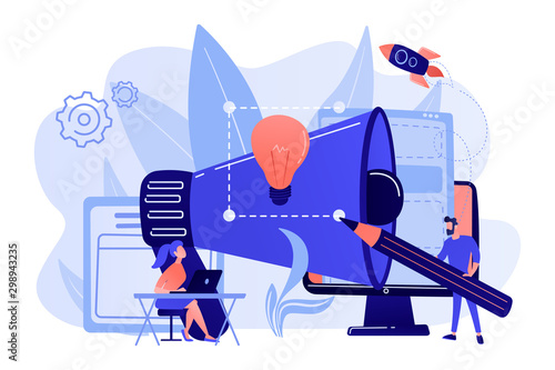 Designers work on new brand and big megaphone. Brand identity and logo, business card, advertisement and graphic design concept on white background. Pink coral blue vector isolated illustration