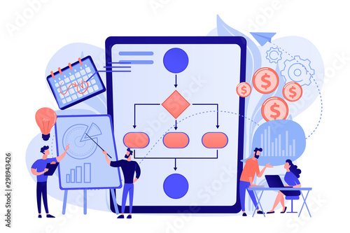 Businessmen work with improvement diagrams and charts. Business process management, business process visualization, IT business analysis concept. Pink coral blue vector isolated illustration photo