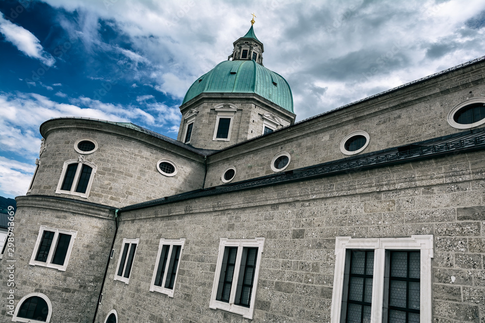 Exterior of the Salzburg cathedral (Dom zu Salzburg ), in the heart of the historic center of the city, masterpiece of early baroque art. 
