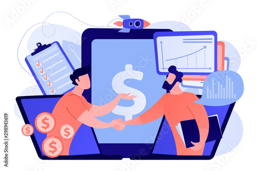 Demand analysts shaking hands from laptops screens and planning future demand. Demand planning, demand analytics, digital sales forecast concept. Pink coral blue vector isolated illustration
