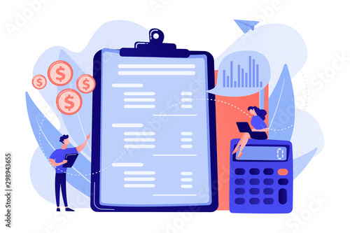 Financial analysts doing income statement with calculator and laptop. Income statement, company financial statement, balance sheet concept. Pink coral blue vector isolated illustration