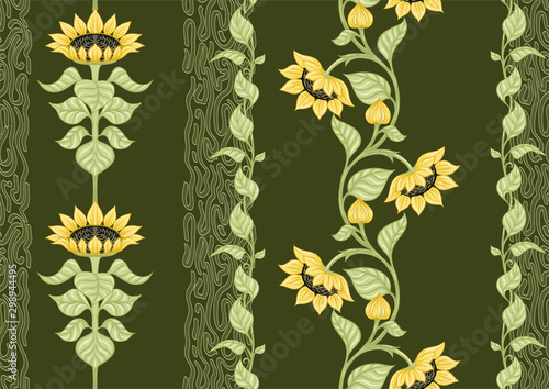Sunflower. Seamless pattern, background. Colored vector illustration. In art nouveau style, vintage, old, retro style. On army green background
