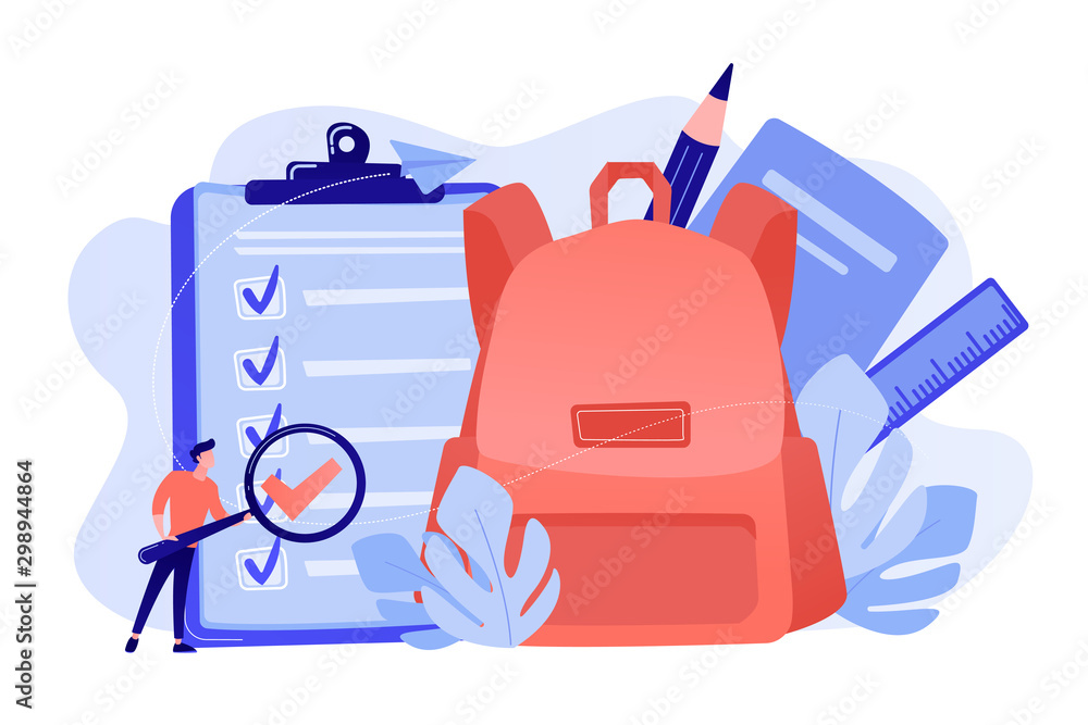 Obraz premium Clipboard with list to do, big school backpack, ruler and student with magnifier. Back to school checklist, list of stationery, school planner concept. Pink coral blue vector isolated illustration.