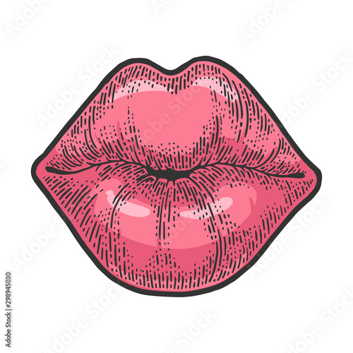 Female lips kiss sketch engraving vector illustration. T-shirt apparel print design. Scratch board style imitation. Black and white hand drawn image.
