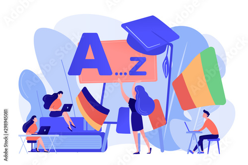 Students practicing dynamic foreign language learning at workshop. Foreign language workshop, language learning group, native speaker course concept. Pinkish coral bluevector isolated illustration