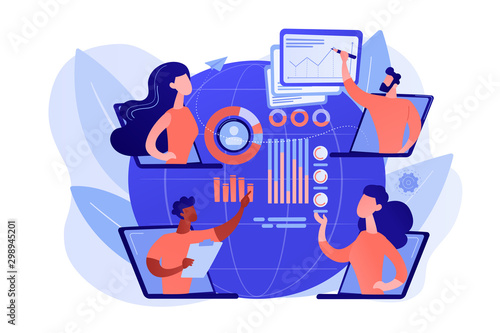 Digital education, internet conference. Online tech talks, technical topics presentations, tech webinars, live technology demonstration concept. Pinkish coral bluevector isolated illustration