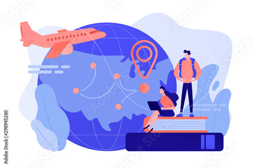 Worldwide travel, school adventure. Tourist trip, students on holidays. Educational tourism, international edu-tourism, best study tours concept. Pinkish coral bluevector isolated illustration