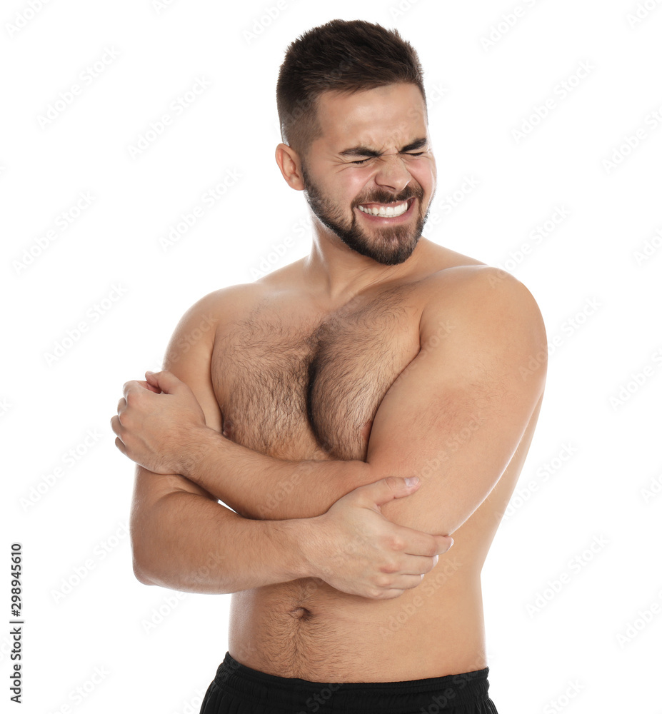 Naklejka premium Man suffering from elbow pain on white background