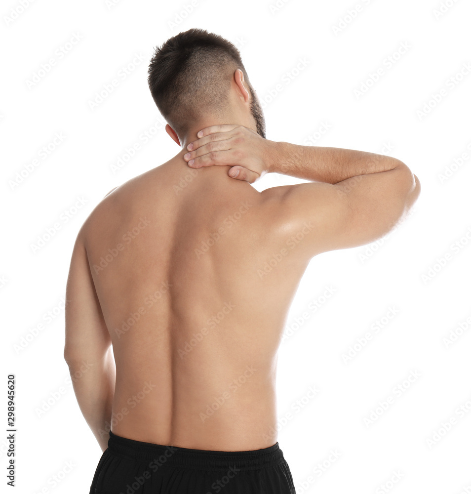 Man suffering from neck pain on white background