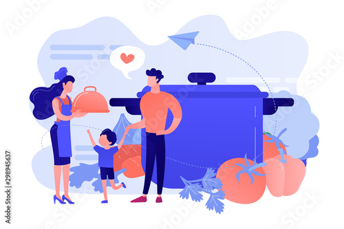 Tiny people family waiting for wife in apron cook tasty food and big pot, vegetables. Home cooking, home foods recipes, family time activity concept. Pinkish coral bluevector isolated illustration