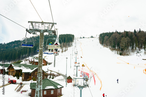 Picturesque landscape of the Carpathians at the ski resort, high lifts for skiers.