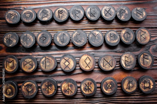 Принти на полотні Set of anglo-saxon runes carved in wood - anglo-saxon futhark (futhorc)