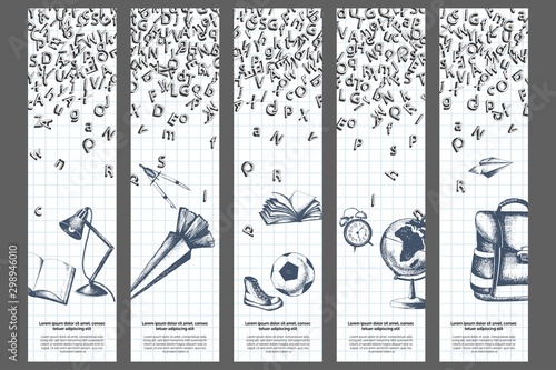 Bookmarks templates with letters and school things. Sketch artwork on white background