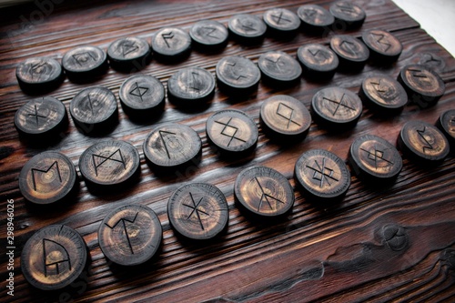 Set of anglo-saxon runes carved in wood - anglo-saxon futhark (futhorc) photo