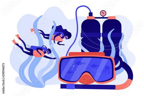 Scuba divers swimming under water and mask with snorkel, tiny people. Diving school, best commercial diving, all levels diver program concept. Pinkish coral bluevector isolated illustration