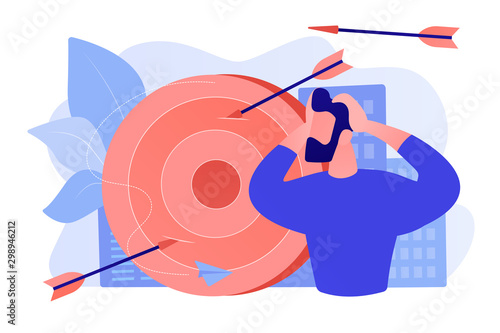 Stressed man suffering from migraine. How to deal with frustration, frustration and anger control, emotionally intelligent habits concept. Pinkish coral bluevector isolated illustration