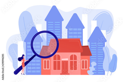 Real estate customer with magnifier looking for property for sale. Real estate market, real estate transactions, property market concept. Pinkish coral bluevector isolated illustration