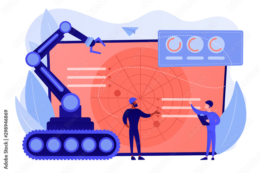 Soldiers at radar planning to use robot for military actions. Military robotics, automated army machinery, military robot technologies concept. Pinkish coral bluevector isolated illustration Soldiers at radar planning to use robot for military actions. Military robotics, automated army machinery, military robot technologies concept. Pinkish coral bluevector isolated illustration