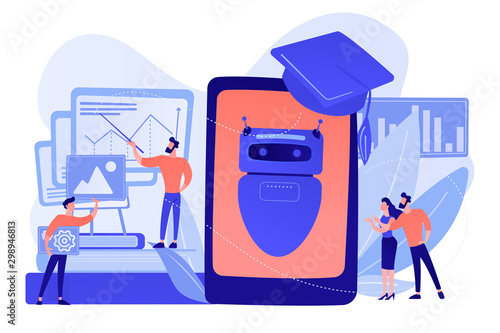 Programmers with charts make chatbot learn data from past results. Chatbot self learning, virtual assistants learning, AI machine learning concept. Pinkish coral bluevector isolated illustration